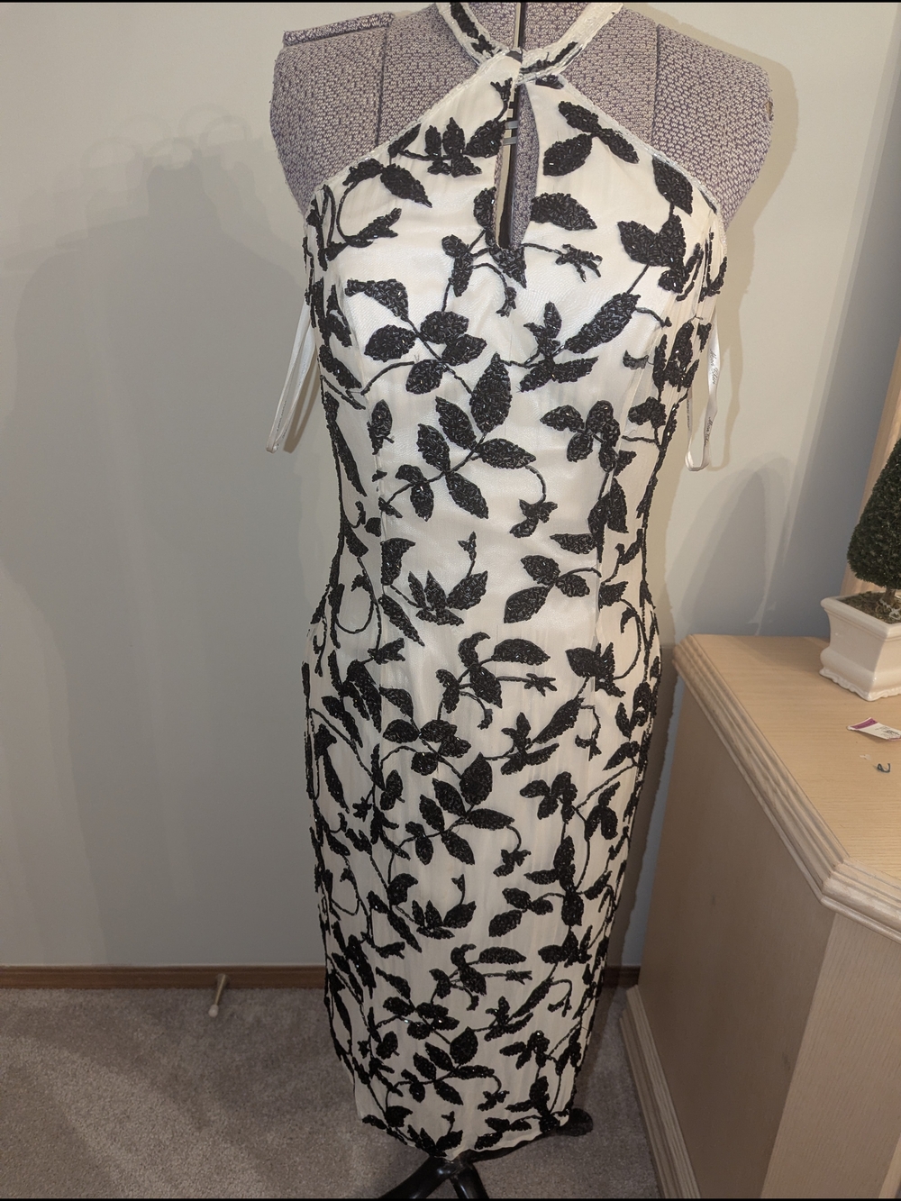 Women’s White Halter Dress with Black Floral Beading